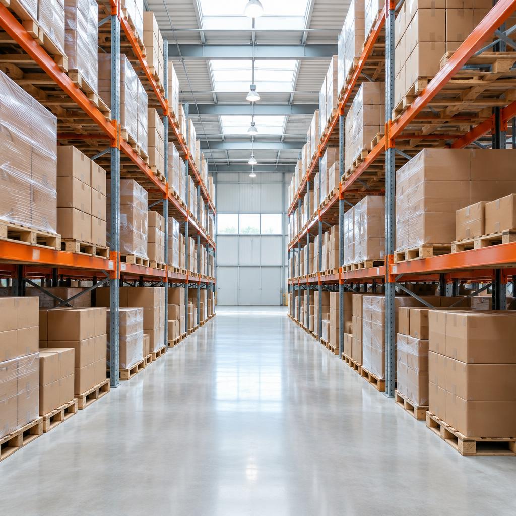 Orderly warehouse aisle with wholesale cartons on pallet racks